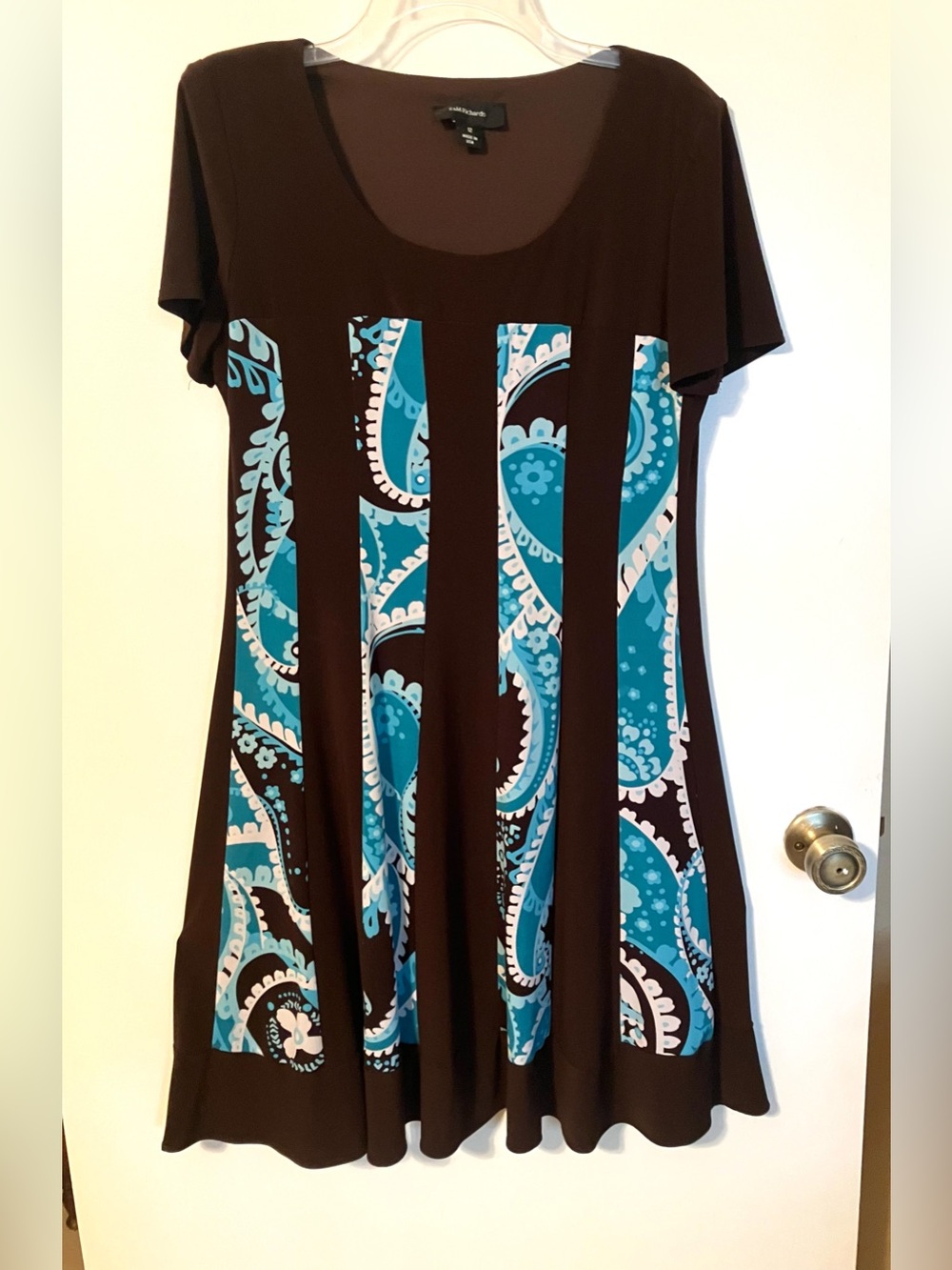 R&M Richards Brown Blue Paisley Knit Stretch A-Line Scoop Neck Dress Size 12